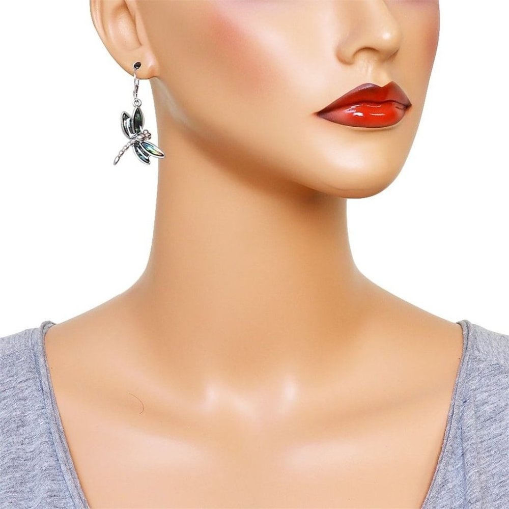 Abalone Dragonfly Earrings Silver Tone - Picture 2 of 2